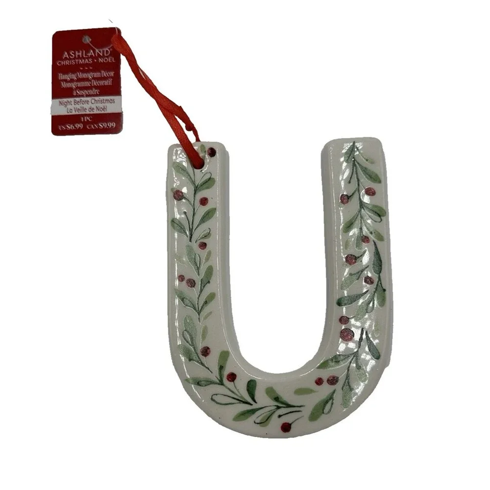 U Letter Ceramic Initial Monogram Christmas Holly Berry Ornament  Ashland 4.5
